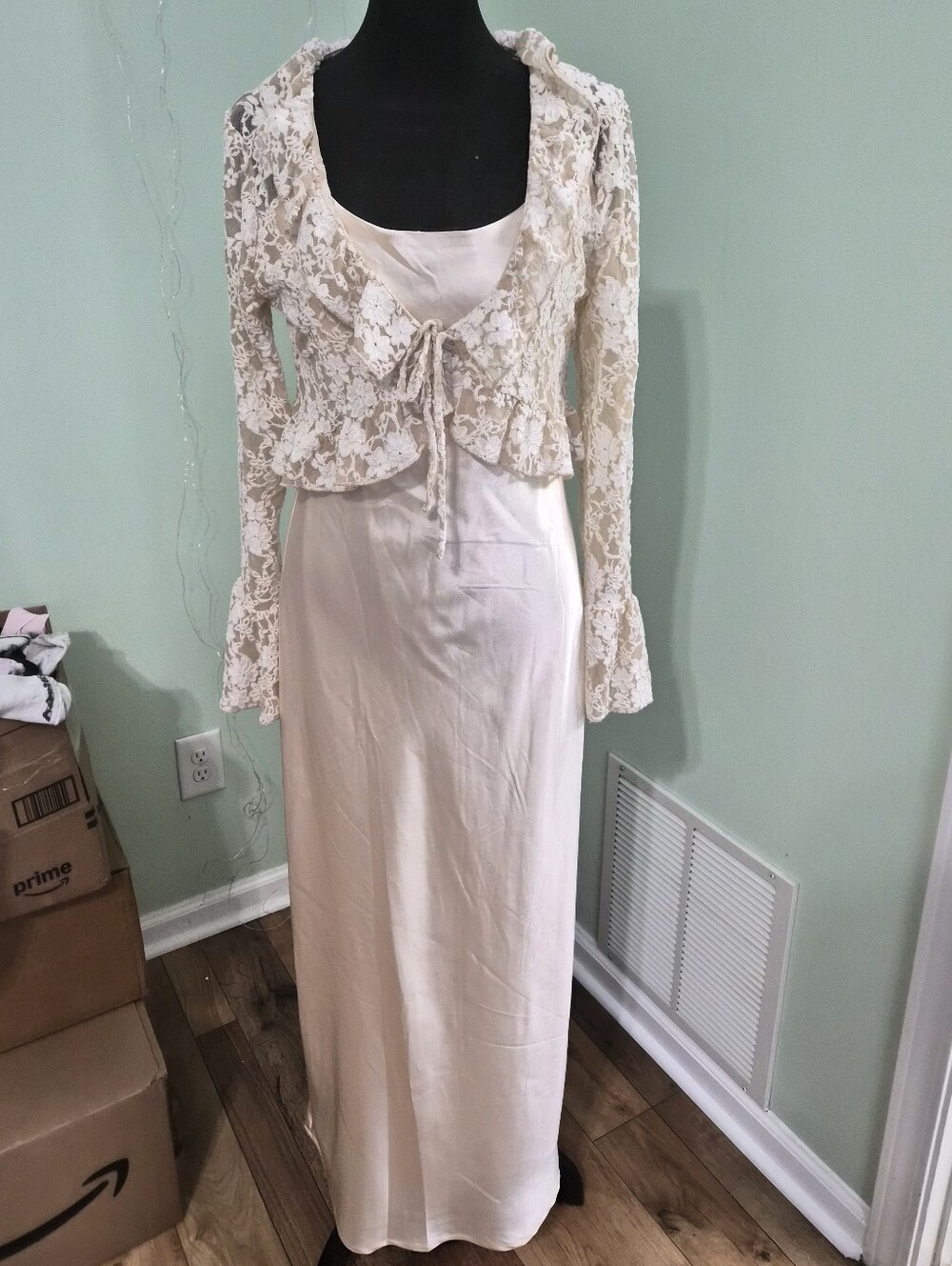 Thirty/Thirty Satin Slip and Lace Bolero Set in Blush